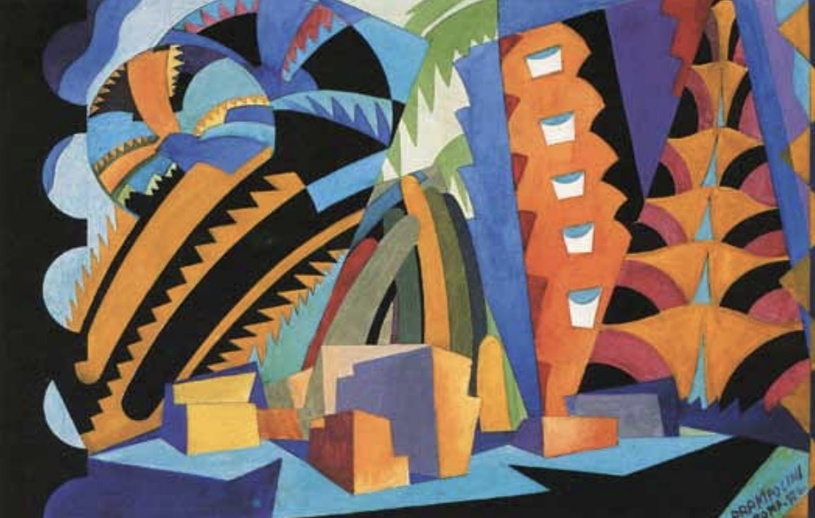 Enrico Prampolini: Vázlat Marinetti “Tamburo di fuoco” című színpadi művének első jelenetéhez, 1922 tempera, karton, 38,5x57 cm Prága, Národní Muzeum